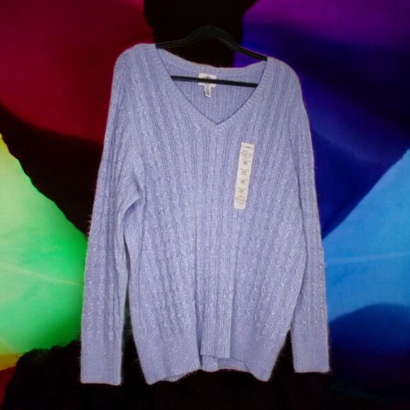 NEW Sweet Purple Silver St Johns Bay Classic Cable V Neck Pullover Sweater Sz 2X - Picture 5 of 10